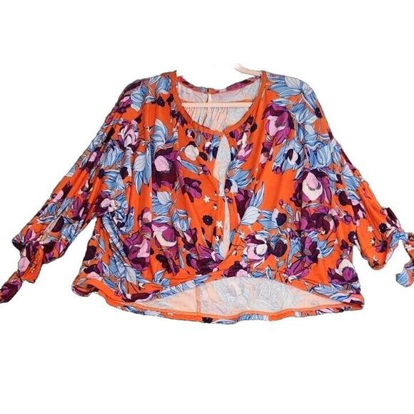 FREE PEOPLE Orange Colorful Keepin On Floral Stretch Jersey Slouchy Top Sz S‎ - Picture 1 of 8